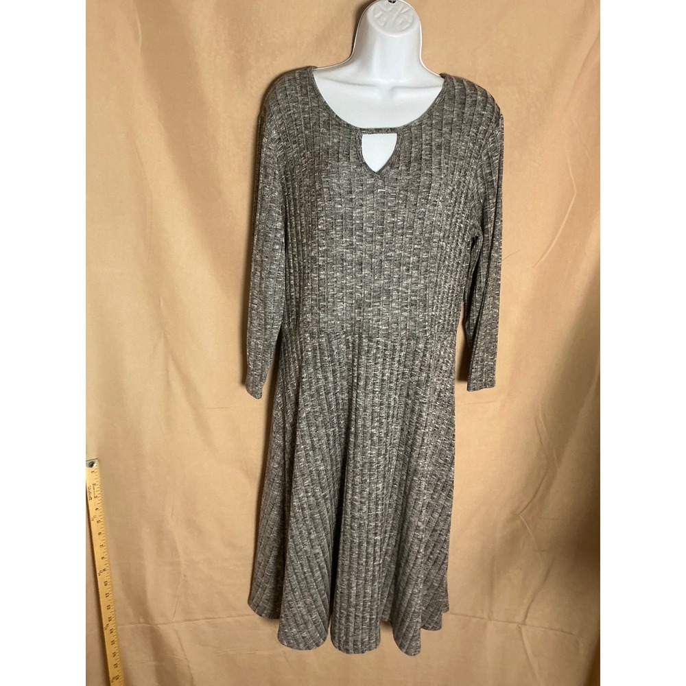 Downeast Ribbed Fit and Flare Dress Women Large Gray Keyhole Long Sleeve